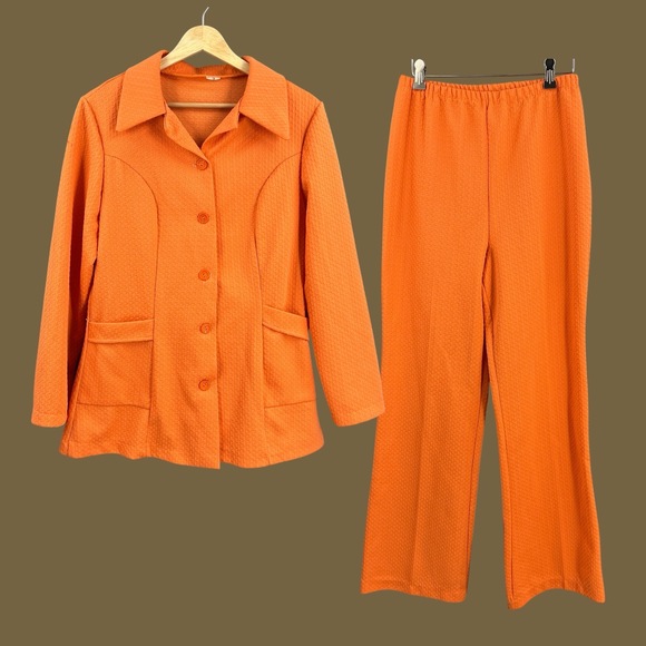 Retro Orange Textured Two Piece Pantsuit Jacket & Pants Lounge Set Sz S/M est - Picture 1 of 8